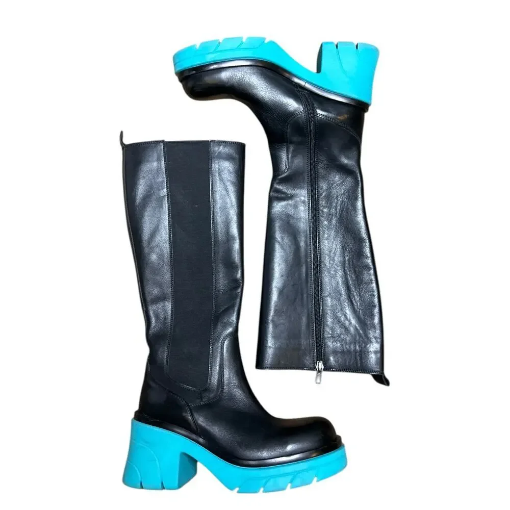 Steve Madden Dacy Tall Leather Boots Blue Black Chunky Platform size 9 Shoes - Picture 9 of 9